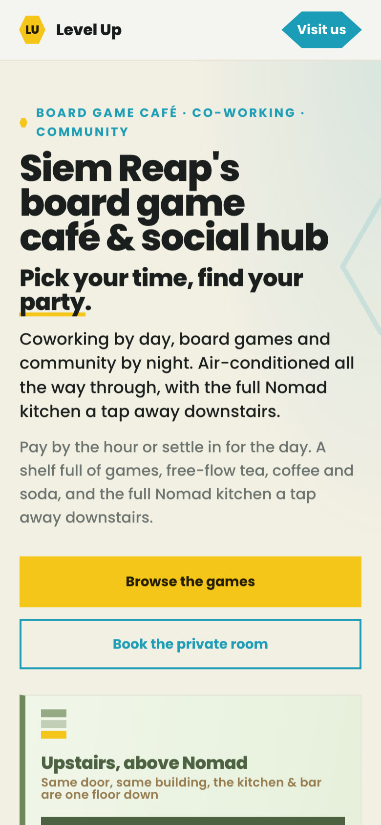 Level Up home page on a phone: Siem Reap's board game cafe and social hub